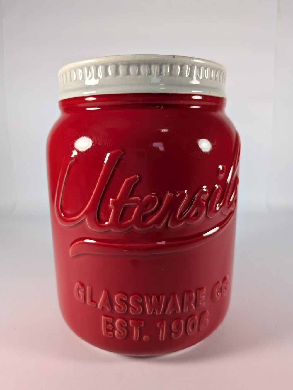 Ceramic Mason Jar Vase - Red And Cream Rim